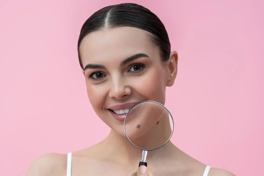 אישה בוחנת נקודת חן על הפנים עם זכוכית מגדלת – מדריך MEDICAL-C על סוגי נקודות חן