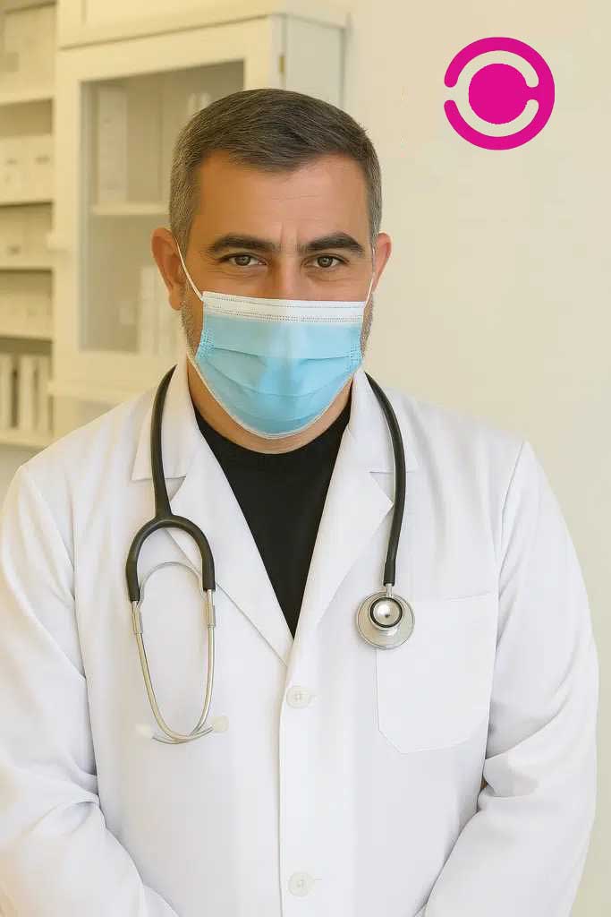 Dr. Hamdush Taha, medic cu pregătire profesională în medicină estetică la Centrul Medical C, purtând un halat alb și un stetoscop într-o sală de tratament